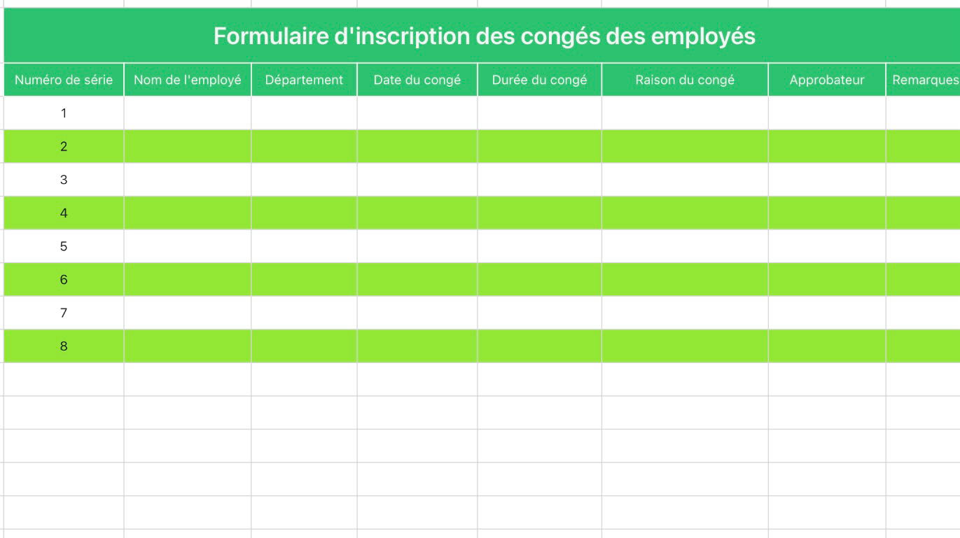 Formulaire d'inscription des congés des employés